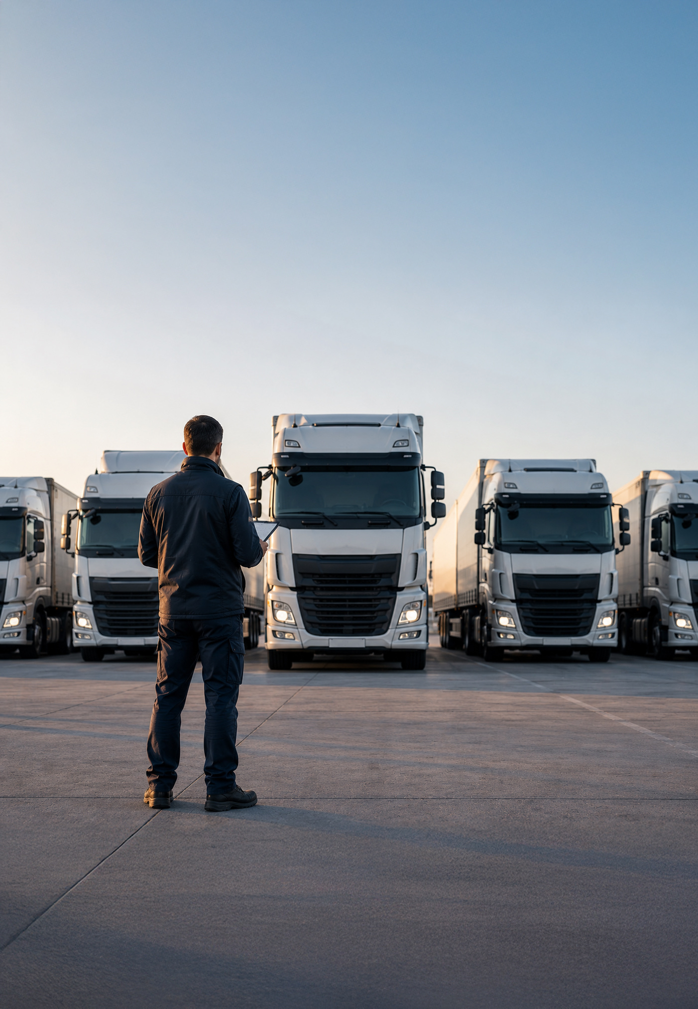 Uomo di spalle davanti a una fila di camion al tramonto
