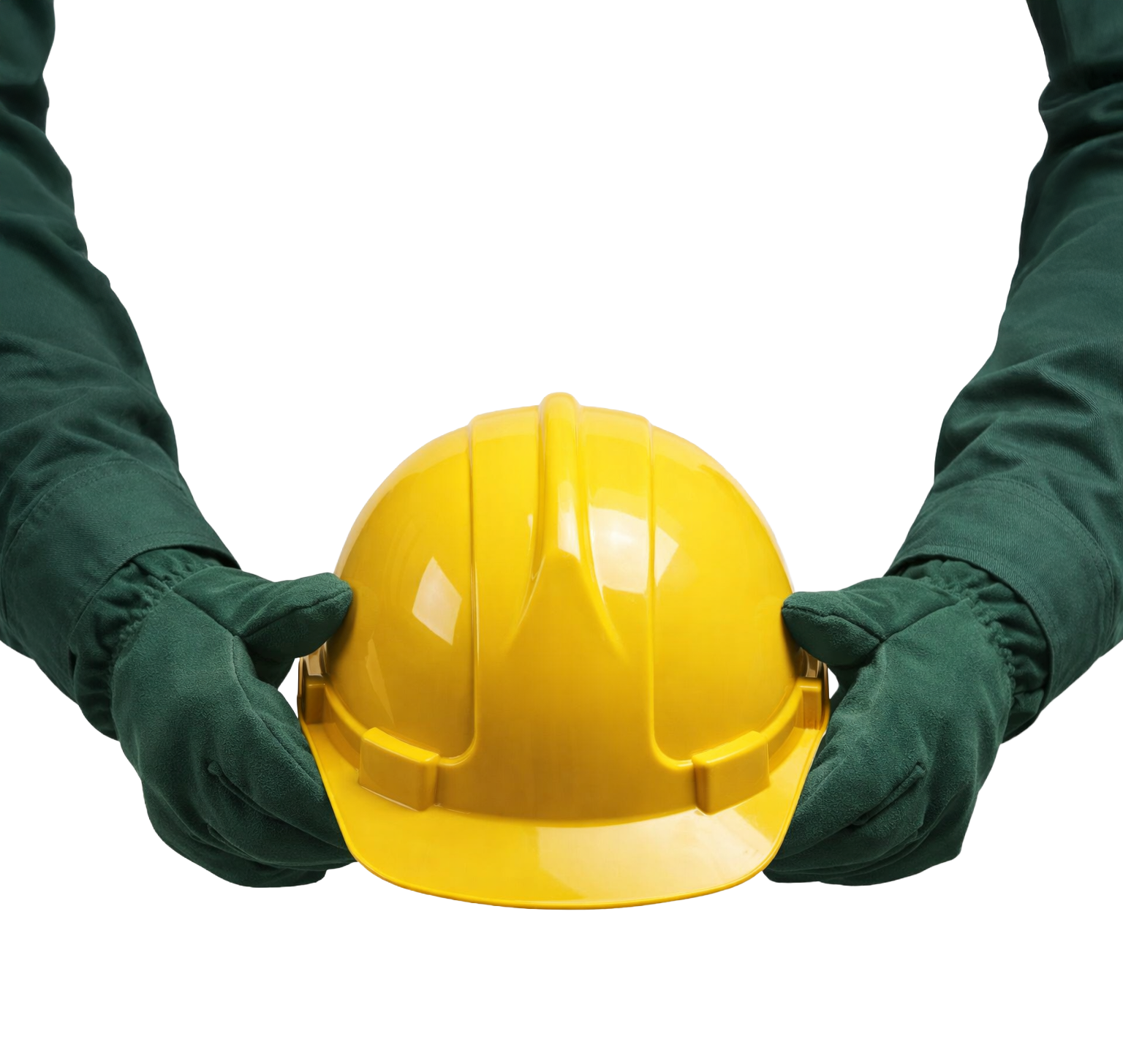 Mani con i guanti da lavoro che reggono un casco giallo